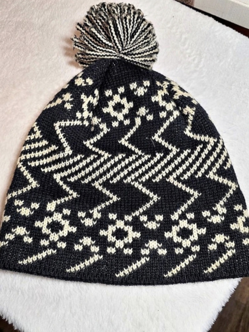 Wigwam Mills Vintage Fair Isle Wool Pom Beanie Black & White
